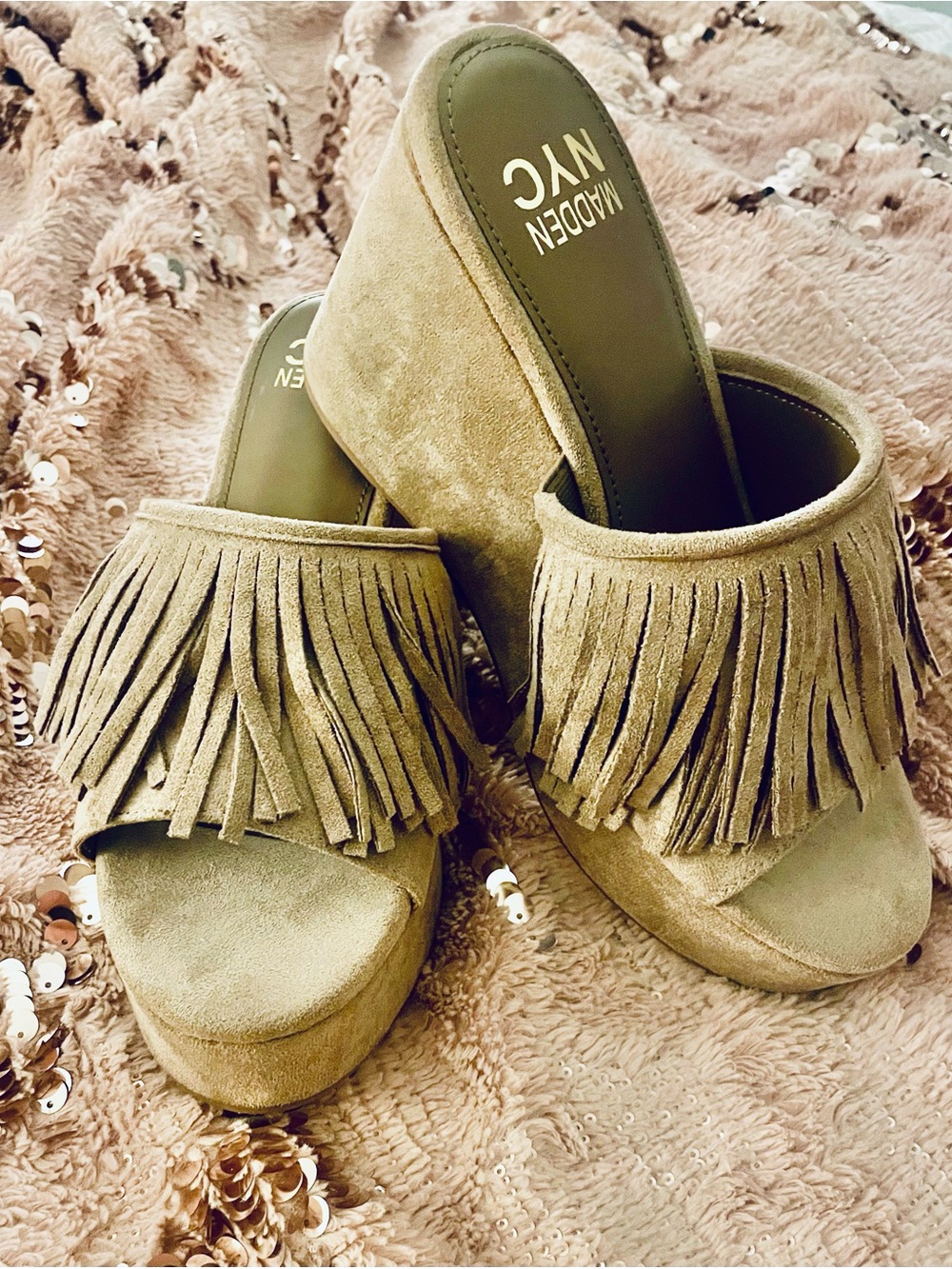 Natural Suede Fringe Platform Mule — Madden NYC